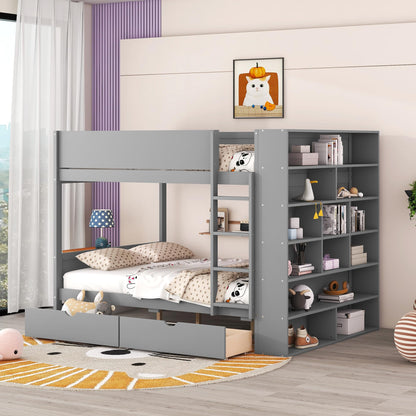 Merax Full Over Full Bunk Bed with 2 Drawers and Multi-Layer Cabinet, Gray