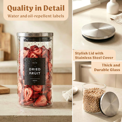 EDELHAUS Glass Storage Containers with Stainless Steel Lids [Extra Thick Glas] with 54 Labels - Canister For Pantry Noodles Flour Cereal Rice Sugar Tea Coffee Beans - Round Set of 5x