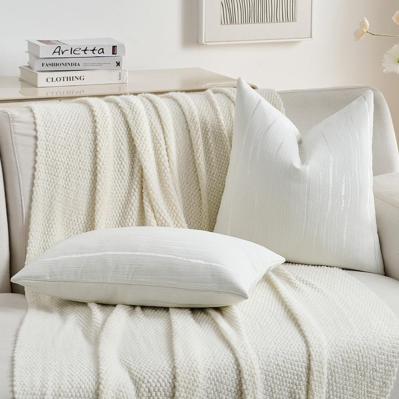 FUTEI White Chenille Decorative Throw Pillow Covers 18x18 Inch Set of 2,Soft Embossed Striped Textured Cushion Case,Modern Home Decor for Couch Bed Living Room