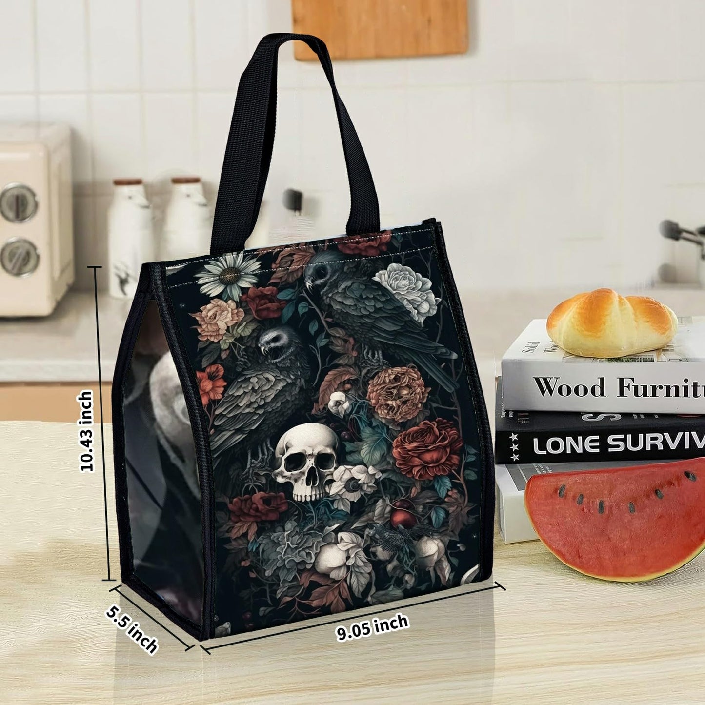 SROJDHFJB Lunch Bags Dark Skull Flower Eagle Cute Women Lunch Box Large Reusable Insulated Tote for Work, Beach, Travel
