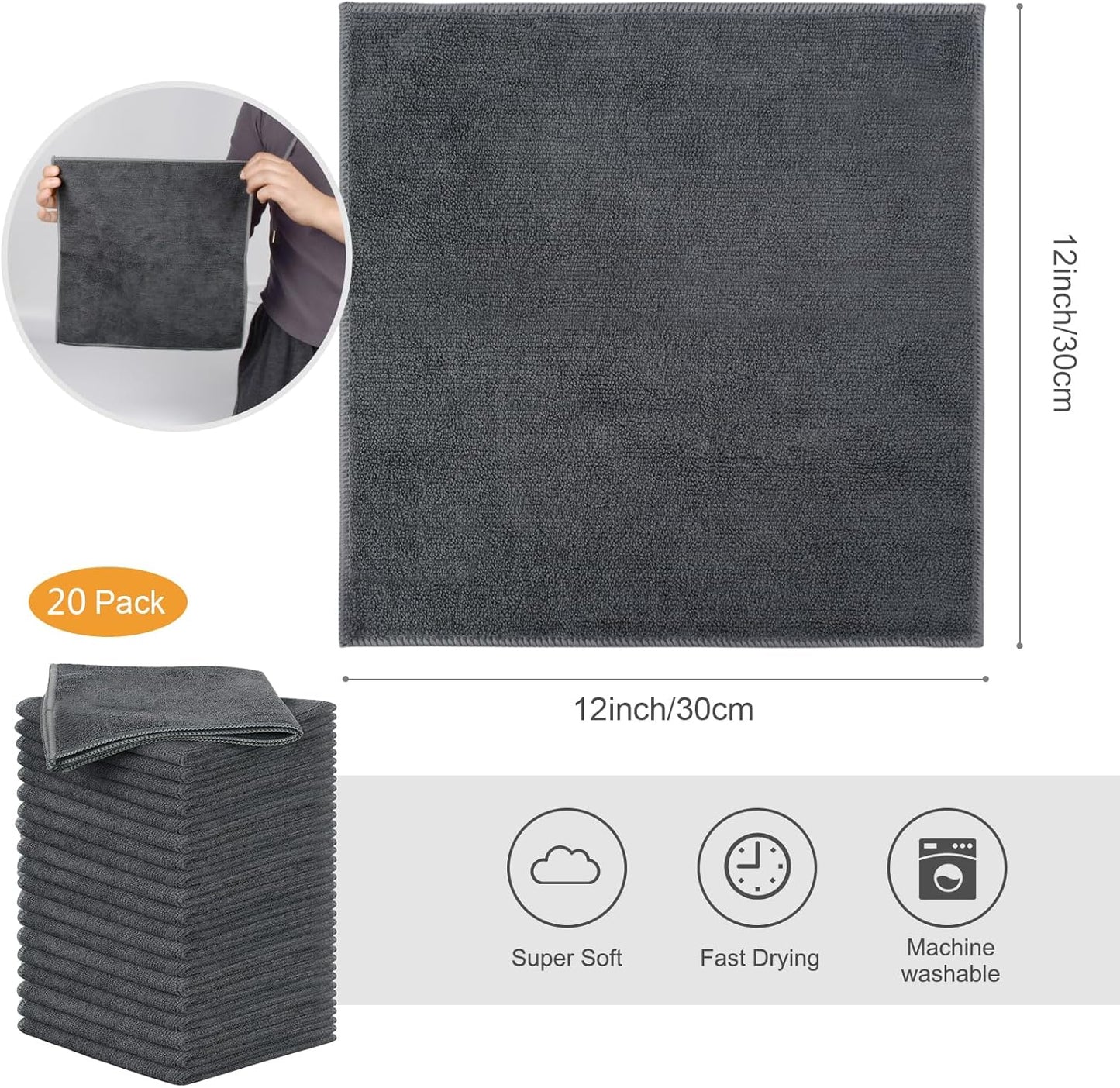 12inchx12inch 20 Pack SINLAND Microfiber Rag Absorbent Cleaning Cloth Kitchen Dish Cloth Quick Dry Streak Free Dish