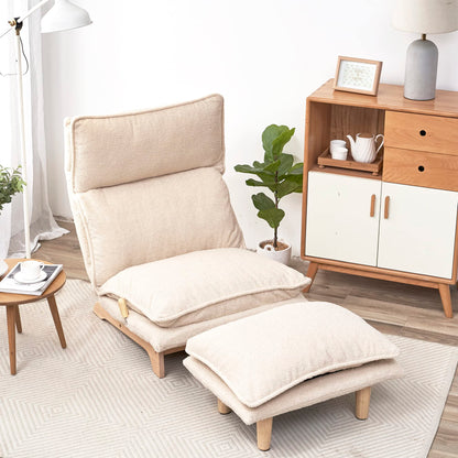 Foldable Reclining Sofa Chair with Adjustable Headrest, Ergonomic Lounge Chair for Living Room, Bedroom, Balcony, Reading, Gaming, and Meditation, Beige Fabric Single Seat with Metal Frame