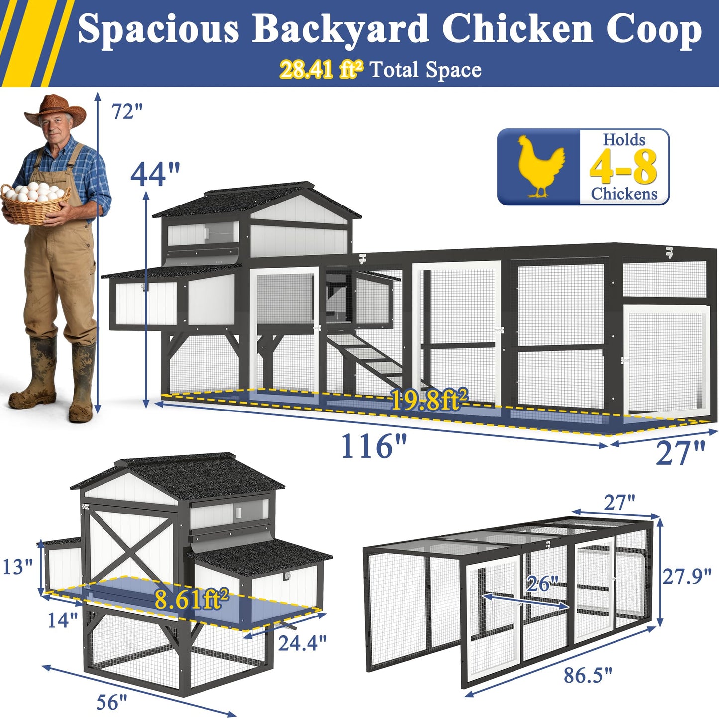 Ketive 116" Large Chicken Coop with Run, Wooden Hen House Outdoor Poultry Cage 28.41 ft² for 4–6 Chickens, 4 Nesting Boxes, 4 Perches, Easy-Clean Slide Out Tray, Expandable Backyard Coop