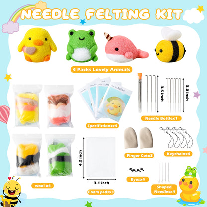 WATINC Set of 4 Cute Animal Needle Felting Starter Kit Frog Chick Bee Narwhal Animal Doll Wool Felting Tools Felt Needles Foam Mat DIY Needlework Craft Party Supplies for Beginners Adults