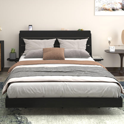 KEIKI Queen Size Floating Bed w/Storage Headboard & Tabletop, Farmhouse Wood Platform Beds Frame w/Light & Charging Station, Solid Bedframe Queen, No Box Springs Needed, Easy Assembly, Black