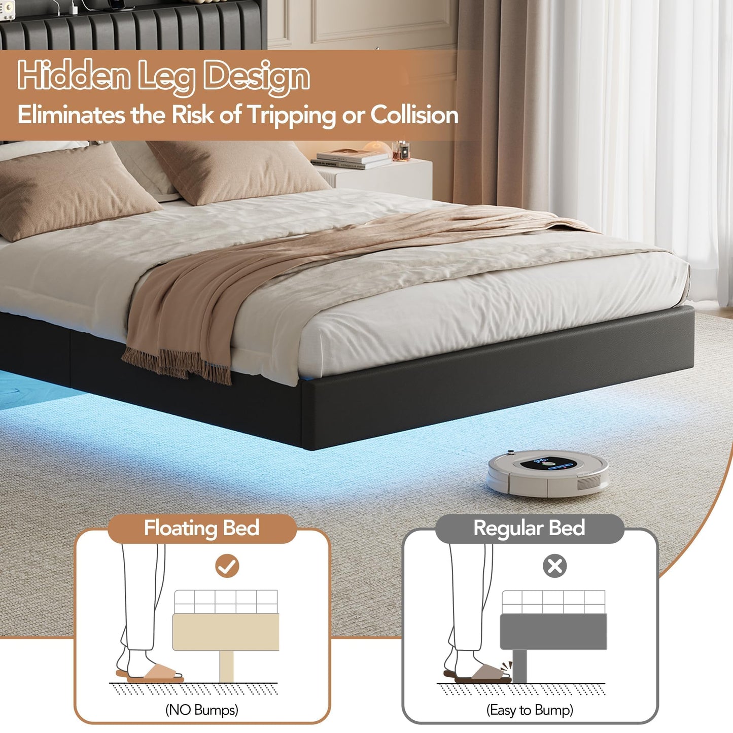 IDEALHOUSE Queen Floating Bed Frame with LED Lights and Storage Headboard, Bed Frame with Modern Minimalist Style for Bedroom/Vacation Home,Silent & No Box Spring Required,Easy to Assemble,Black
