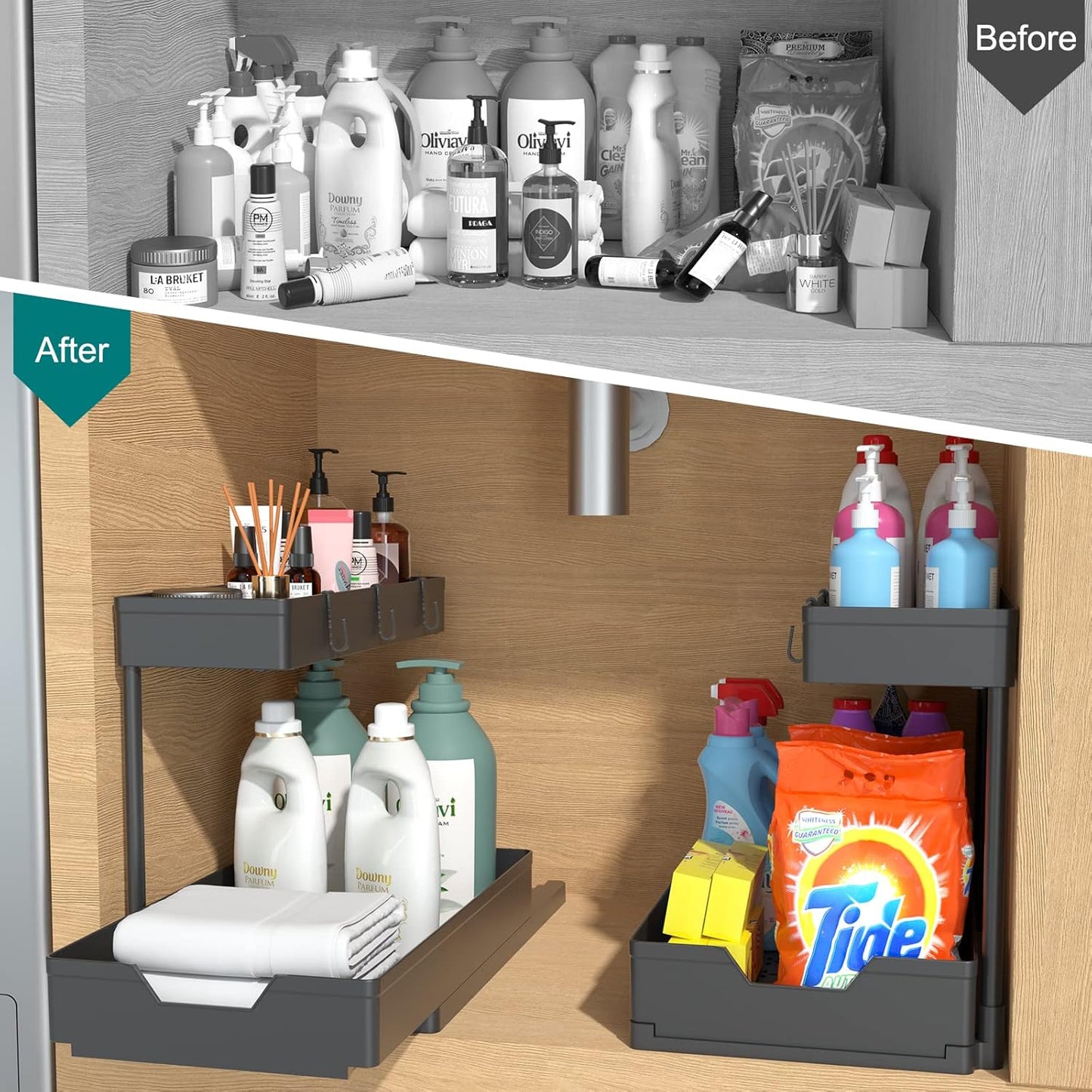 Nature's Source Under Sink Organizer - 2 Tier Sliding Cabinet Storage Baskets | L-Shape Design, Black