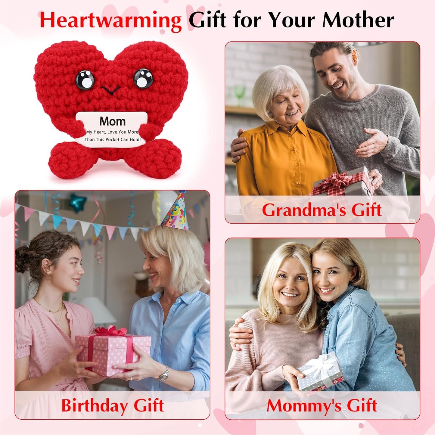 COZYMATE (HeartShape-Red2) Birthday Gifts for Mom - Pocket Hug Heart with Positive Emotional Card Handmade Crochet