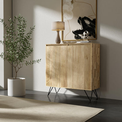 SIMPLIHOME Hunter Solid Mango Wood and Metal 39 inchWide Modern Industrial Medium Storage Cabinet in Natural for the Living Room, Entryway and Family Room