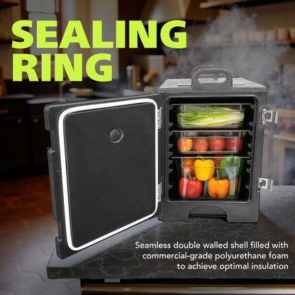 Pearington Commercial-Grade Insulated Food Pan Carrier for 5 Full-Size Pans, End-Loading Non-Electrical Stackable Hot Box Food Warmer with New Stainless Steel Latches, Black