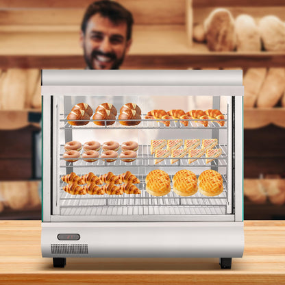 GAOMON Commercial Countertop Display Warmer, 3 4 Cu Ft Food Display Case, Stainless Steel Glass Showcase, Adjustable Temperature Control, 2 Door Heated Case for Cafe Bakery Concession Stand, Silver