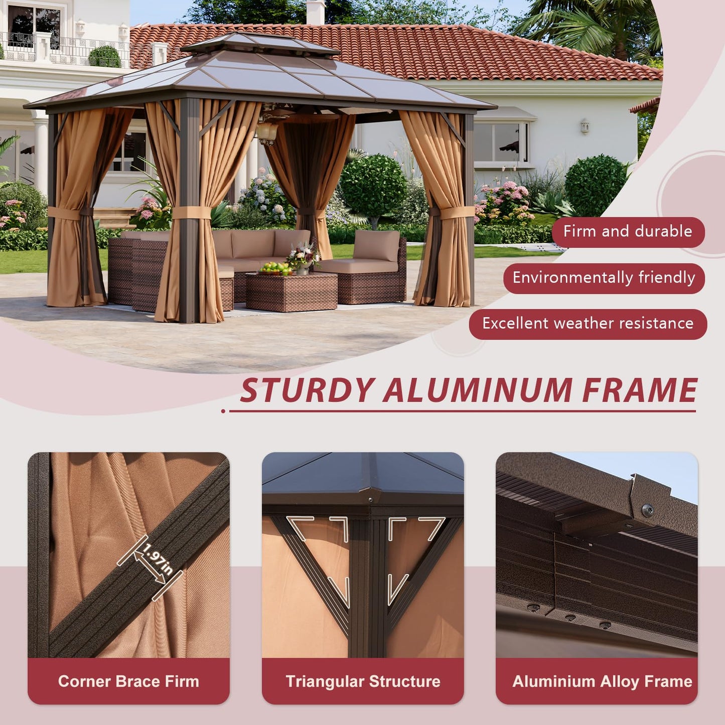 Breezestival 12'x10' Hardtop Gazebo, Outdoor Gazebo with Netting and Curtains, Heavy Duty Pavilion with Aluminum Frame, Double Roof Canopy Party Tent for Patio, Garden, Backyard, Lawn