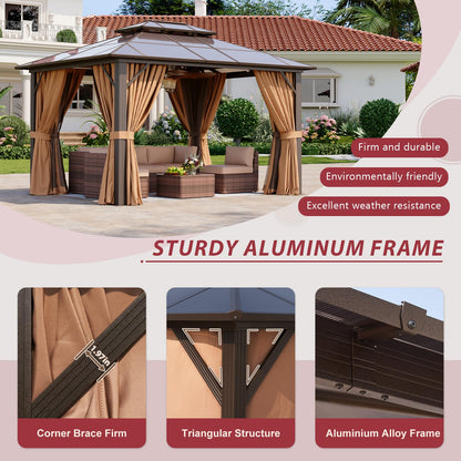 Breezestival 12'x10' Hardtop Gazebo, Outdoor Gazebo with Netting and Curtains, Heavy Duty Pavilion with Aluminum Frame, Double Roof Canopy Party Tent for Patio, Garden, Backyard, Lawn