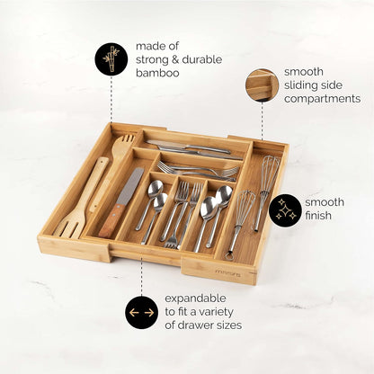 Masirs Expandable Bamboo Kitchen Drawer Organizer - Durable Construction, Ideal for Silverware, Utensils, and Office