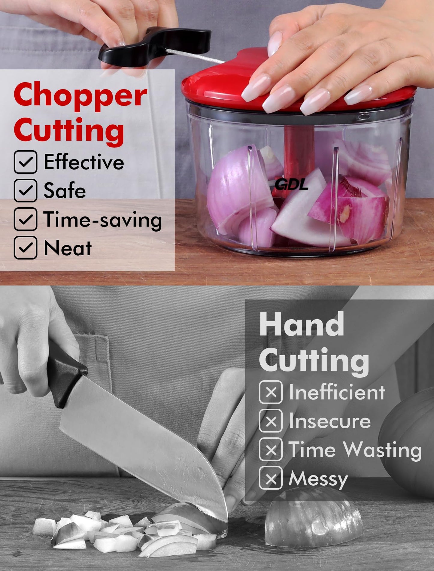 GDL Food Chopper, Pull Onion Chopper Dicer, Hand Powered Food Mincer, Fast Cutting Hand Chopper for Oinon, Garlic, Nut, 3.4 Cups 0.8L, Red