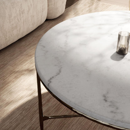 24/7 Shop at Home Aureum Modern 35-inch Round Marble Top Coffee Table with X-Brace, Hammered Dark Bronze Metal Frame for Living Room, Office, White