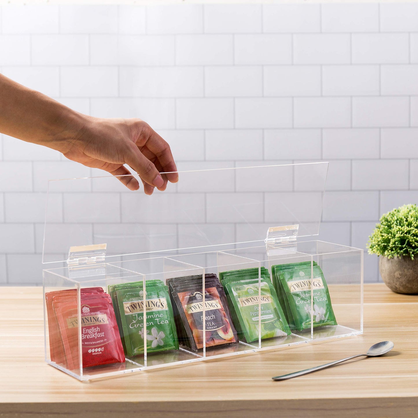 MyGift Acrylic Tea Bag Organizer Box with 5 Compartments and Hinged Lid, Drink Packet Storage Box, Kitchen Countertop Caddy Pantry for Assorted Teas and Condiments, Modern