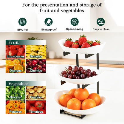 3 Tier Fruit Bowl for Kitchen Counter - Tiered White Fruit Stand, Easy to Assemble & Clean, Sturdy Plastic Fruit Storage Container for Fruits, Vegetables, Snacks, Elegant Serving Bowl for Home & Party