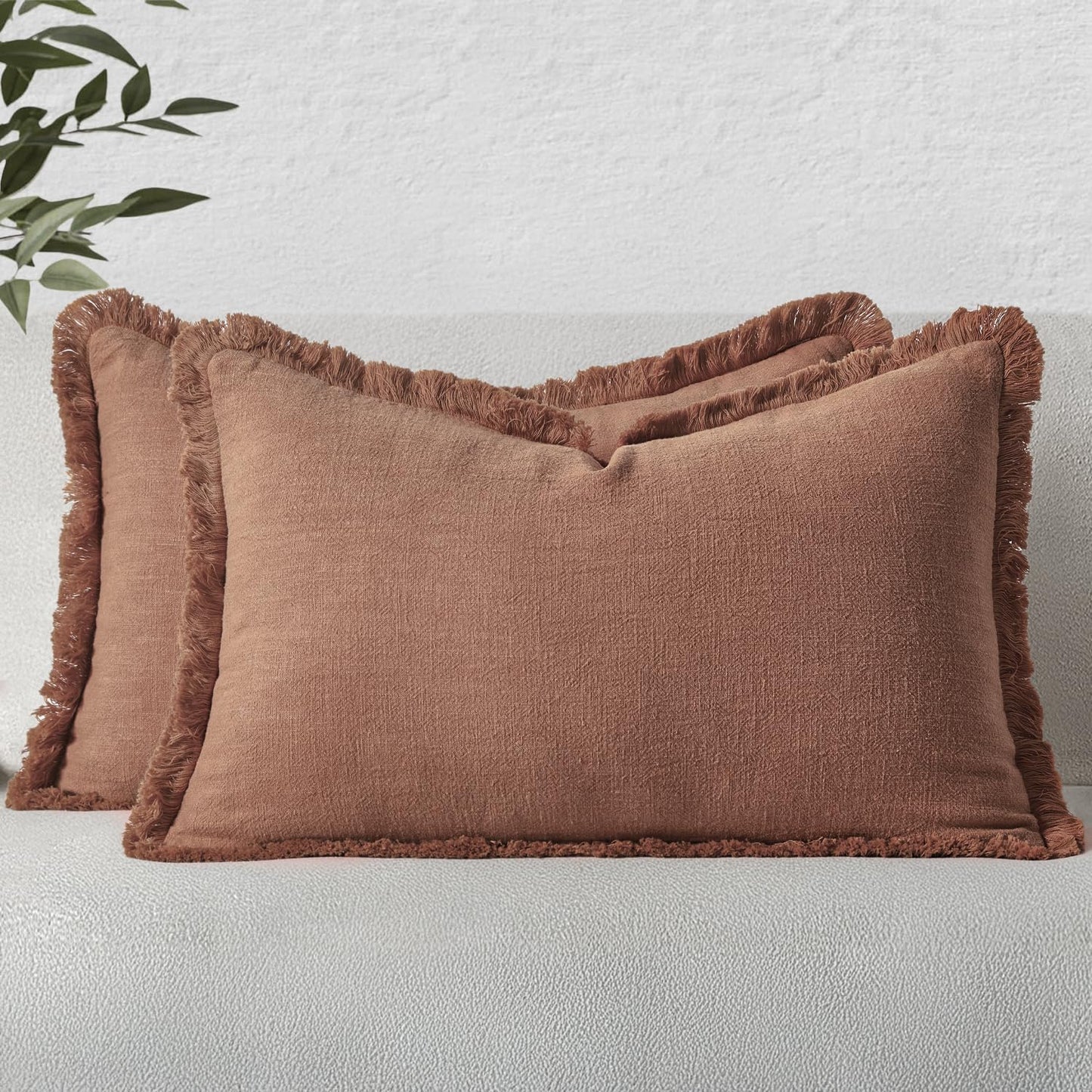 MIULEE Christmas Decorative Throw Pillow Covers Neutral Linen Fringe Fall Throw Pillows Set of 2 Natural Beige Boho Farmhouse Cushion Covers with Tassels for Couch Sofa Bed Home Decor 20x20 Inch