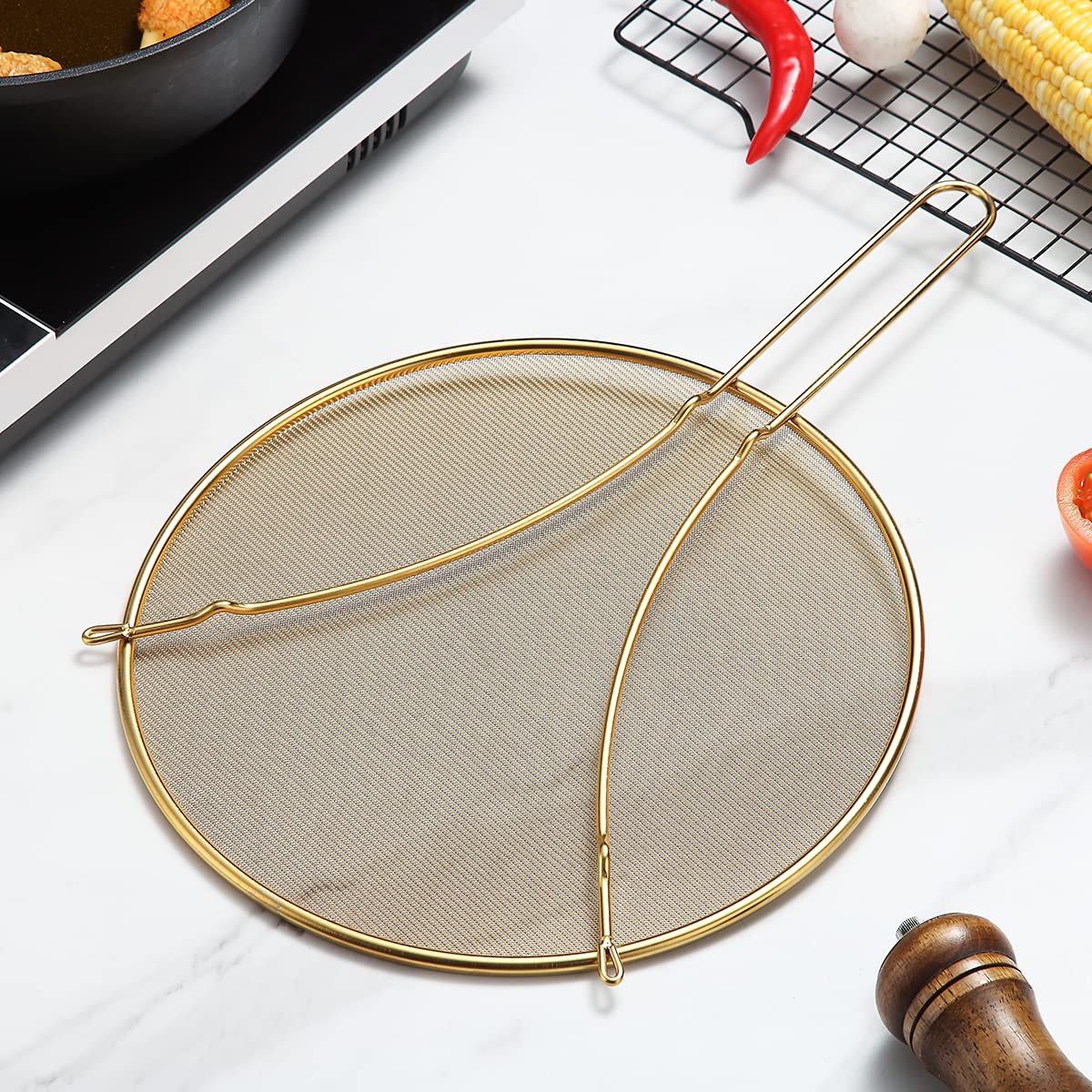 Evanda 12" Gold Splatter Screen for Cooking, Stainless Steel Fine Mesh for Frying Pan, Grease Guard for Pan to Stop Hot Oil Splatter, Protect the Skin From Burns, Safe Cooking Lid