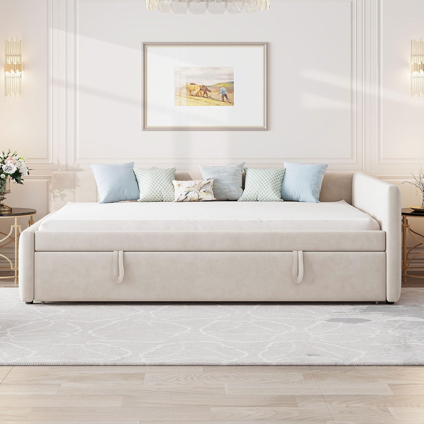 Full Size Upholstered Daybed with Pop up Trundle Bed,Velvet Day Bed Frame with L-Shaped Backrest,Pop up Trundle Full Size,Tufted Sofa Bed for Bedroom,Living Room,Guest,Beige