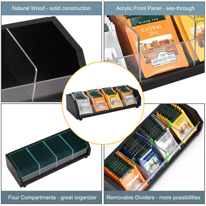 Tea Bag Holder Organizer Box with 4 Compartments, Pine Wood and Acrylic, 13.5 x 4.9 x 3.1 inches for Drawer, Cabinet, Countertop, Tea Tray (Black)