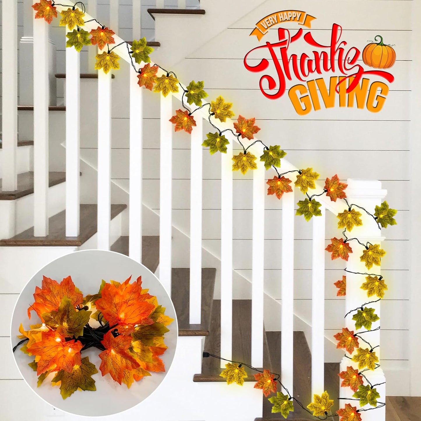 13.6FT 35LED SUNSGNE Fall Lights Thanksgiving String Lights, Orange Yellow Green Maple Leaf String Lights