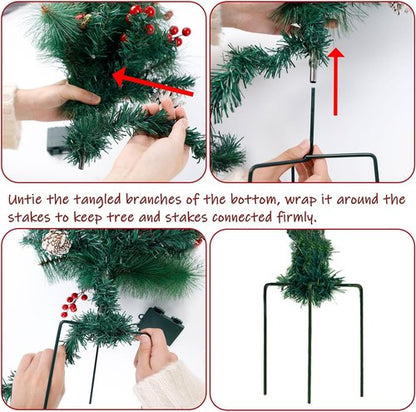 Juegoal Pre-Lit Pathway Christmas Trees - 30 Inch Artificial Urn Filler with 60 LED Lights, Red Berries & Pine Cones