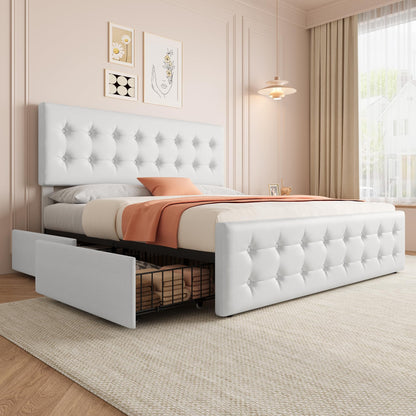 GarveeHome King Size Bed Frame with 4 Storage Drawers and Faux Leather Upholstered Headboard, Wooden Slats Support, Button Tufted Design, No Box Spring Needed, White