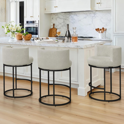 LUE BONA 26.8" Counter Height Bar Stools Set of 3, 180° Swivel Bar Stools, Modern Barrel Counter Stools with Metal Frame, Faux Leather Upholstered Barstools for Kitchen Island, Light Beige Gray