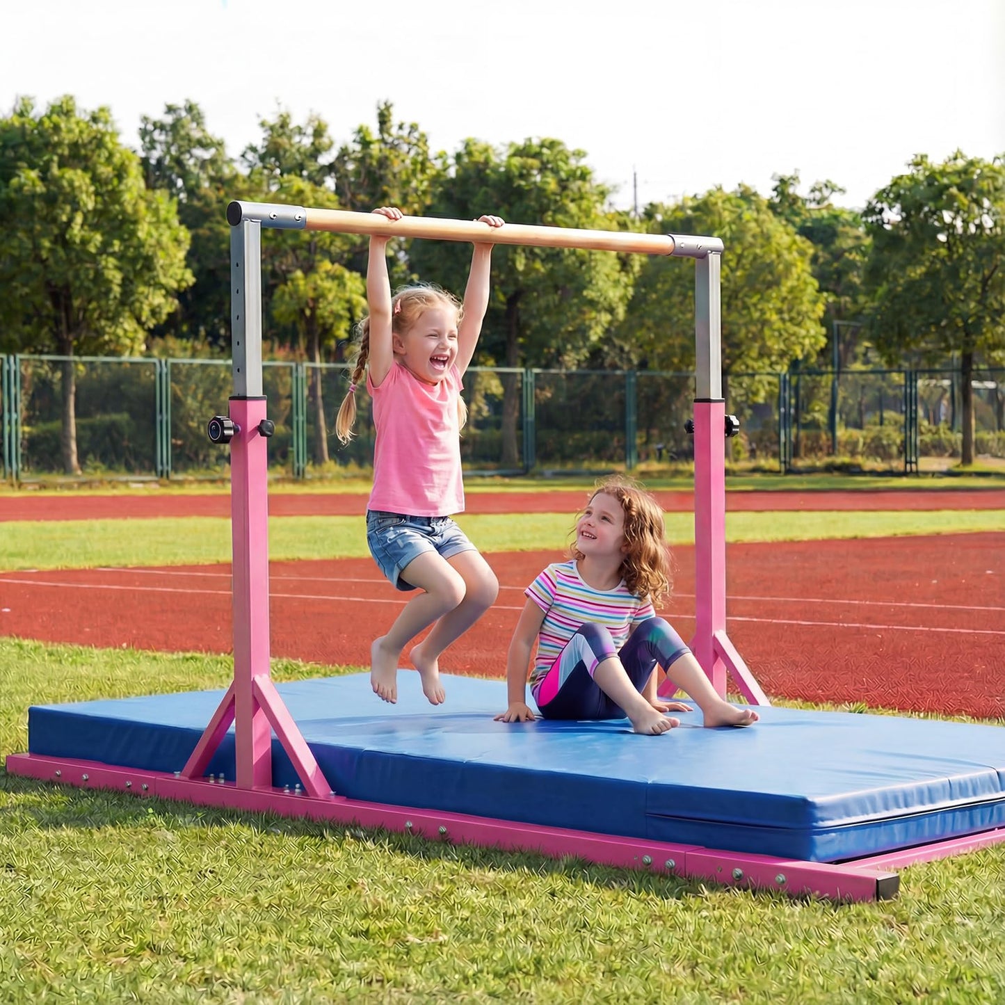 Goplus Double Horizontal Bars, Junior Gymnastic Parallel Bars with 13-Level 33"-57" Adjustable Heights & 6-Level Adjustable Width, 350 LBS Capacity for Indoor Outdoor Training (Pink)