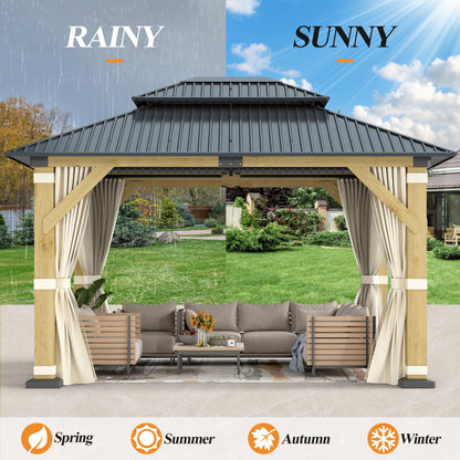 GARTOO 10' x 12' Outdoor Wooden Gazebo - Patio Hardtop Gazebo Permanent Wooden Pavilion with Galvanized Steel Double Roof, Wood Gazebos with Privacy Curtains and Netting for Garden, Lawn, Backyard