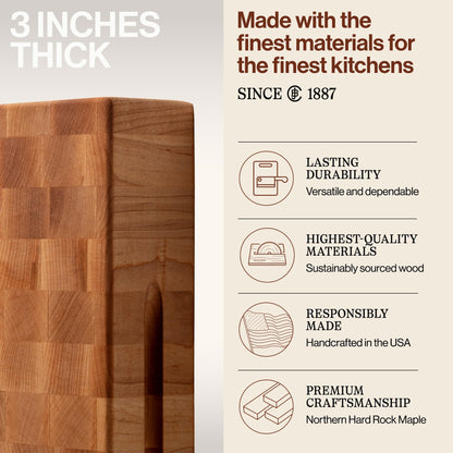 John Boos CCB Series Square Wooden Maple Cutting Board 15”x15” – 3” Thick, 19-lb Reversible Butcher Block with End-Grain & Finger Grips – Made in the USA