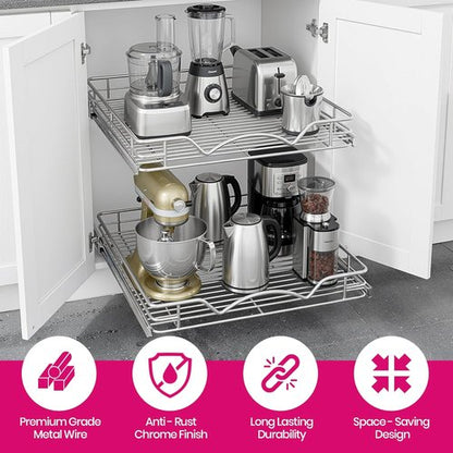 Heavy-Duty Steel 2-Tier Pull-Out Cabinet Organizer by [Brand Name] - Full-Extension Shelves, Easy Install, 14" W x 21" D x 16.5" H