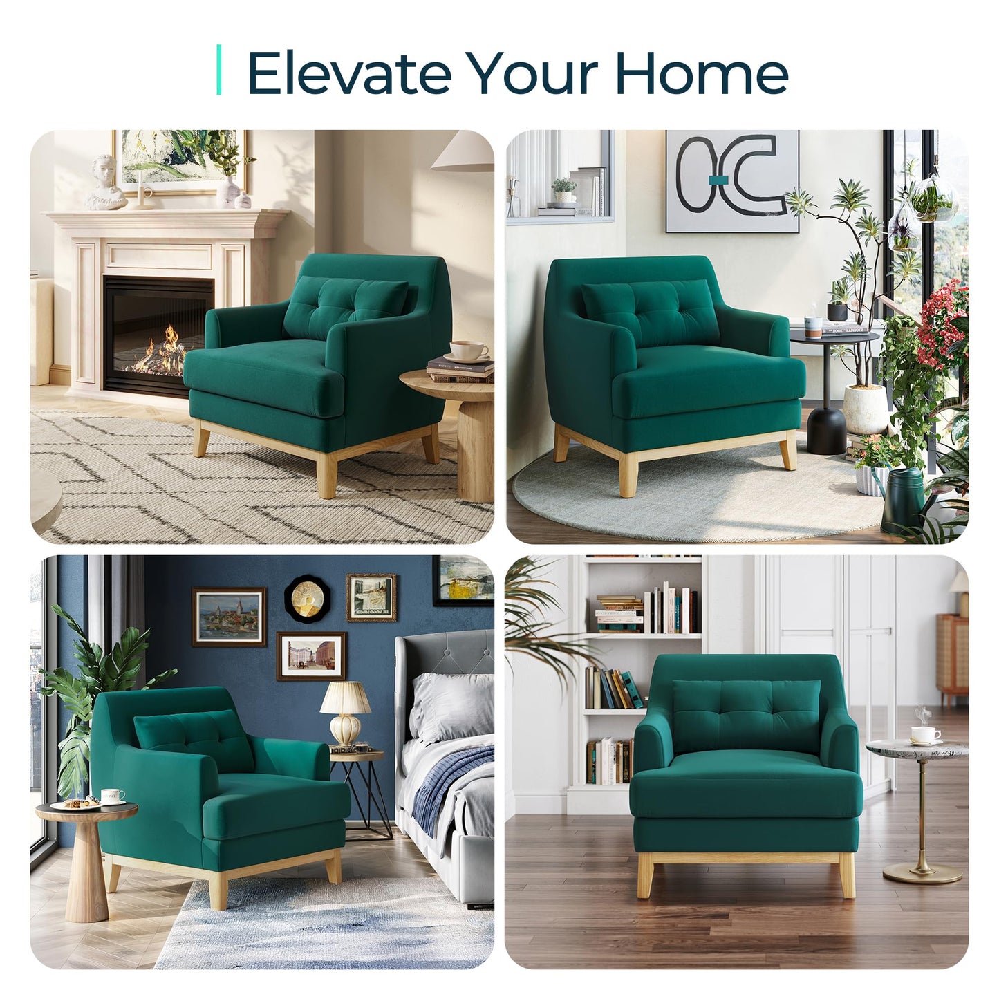 LINSY Large Accent Chair Set of 2, Velvet Reading Chair with Rubberwood Base, Armchair with Lumbar Pillow, Cozy Single Sofa Chair for Reading Room Apartment Living Room Bedroom Office, Green