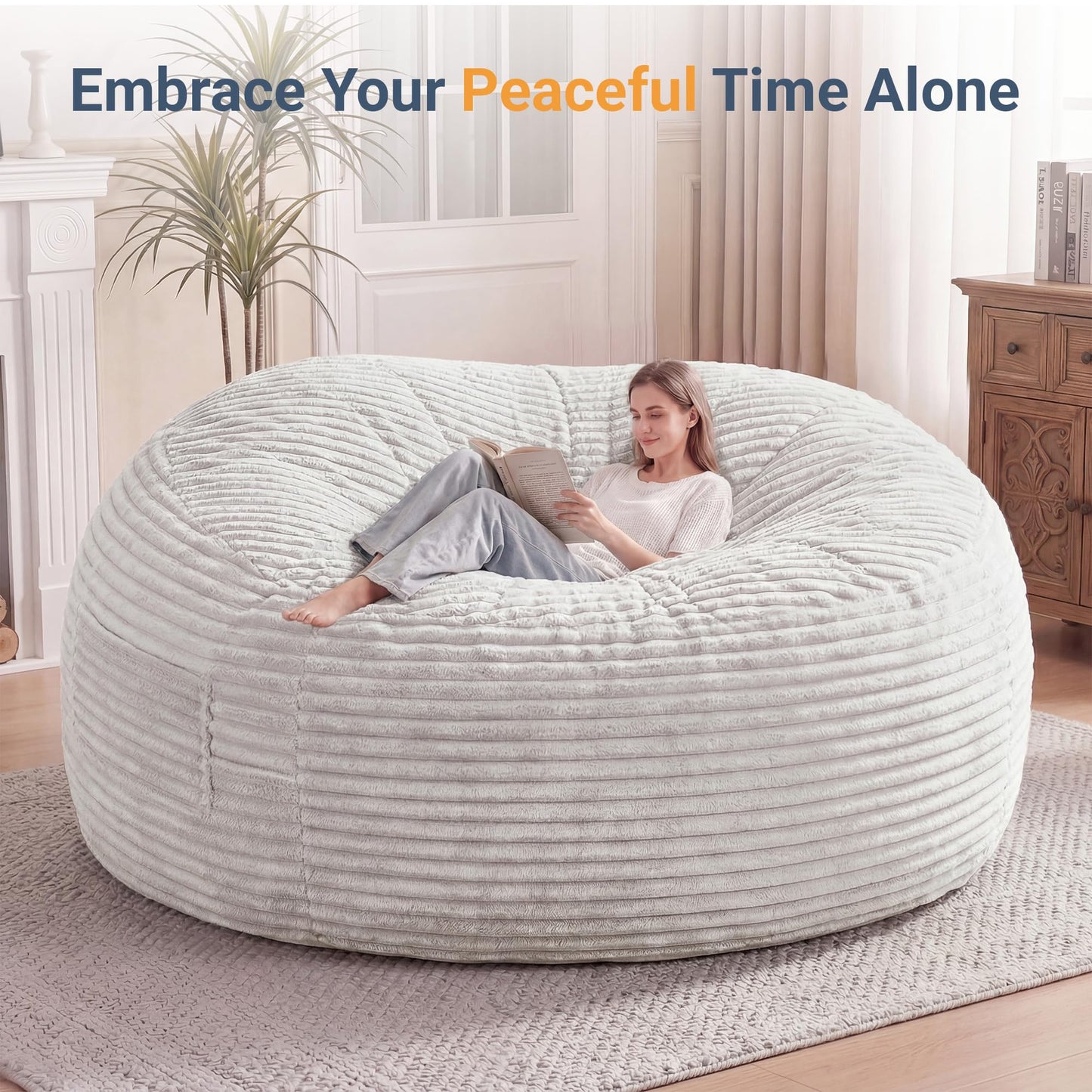 Claiks 8 Ft Giant Foam Bean Bag Chair, Oversized Couch with Removable Cover, Soft Plush Bean Bag Chairs for Adults and for Kids Teens Adults in Living Room, Beige