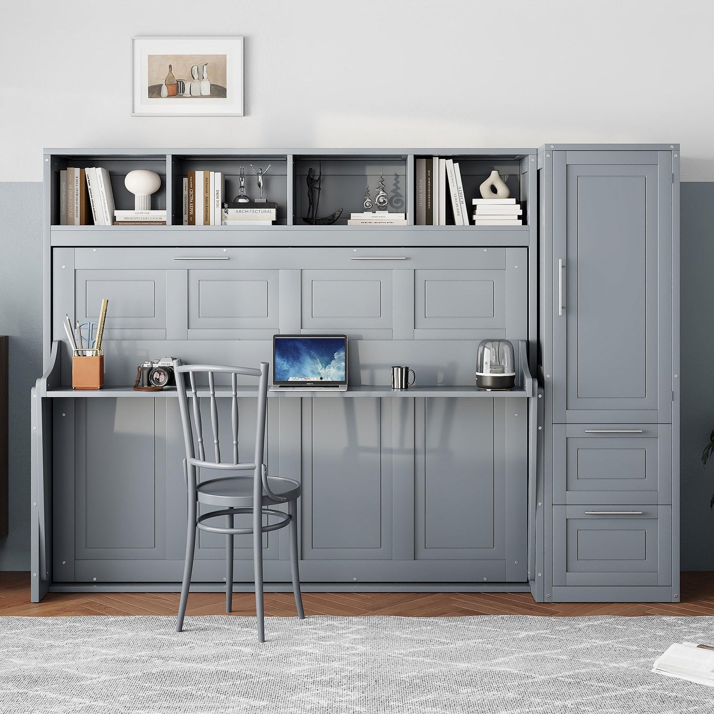 Ball & Cast Queen Size Murphy Bed Wall Chest with Closet and Storage Drawers,Wood Hideaway Platform Bedframe can be Folded,Easy Assembly,for Kids Bedroom,Student Dorms,Gray