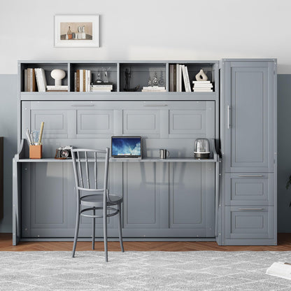 Ball & Cast Queen Size Murphy Bed Wall Chest with Closet and Storage Drawers,Wood Hideaway Platform Bedframe can be Folded,Easy Assembly,for Kids Bedroom,Student Dorms,Gray