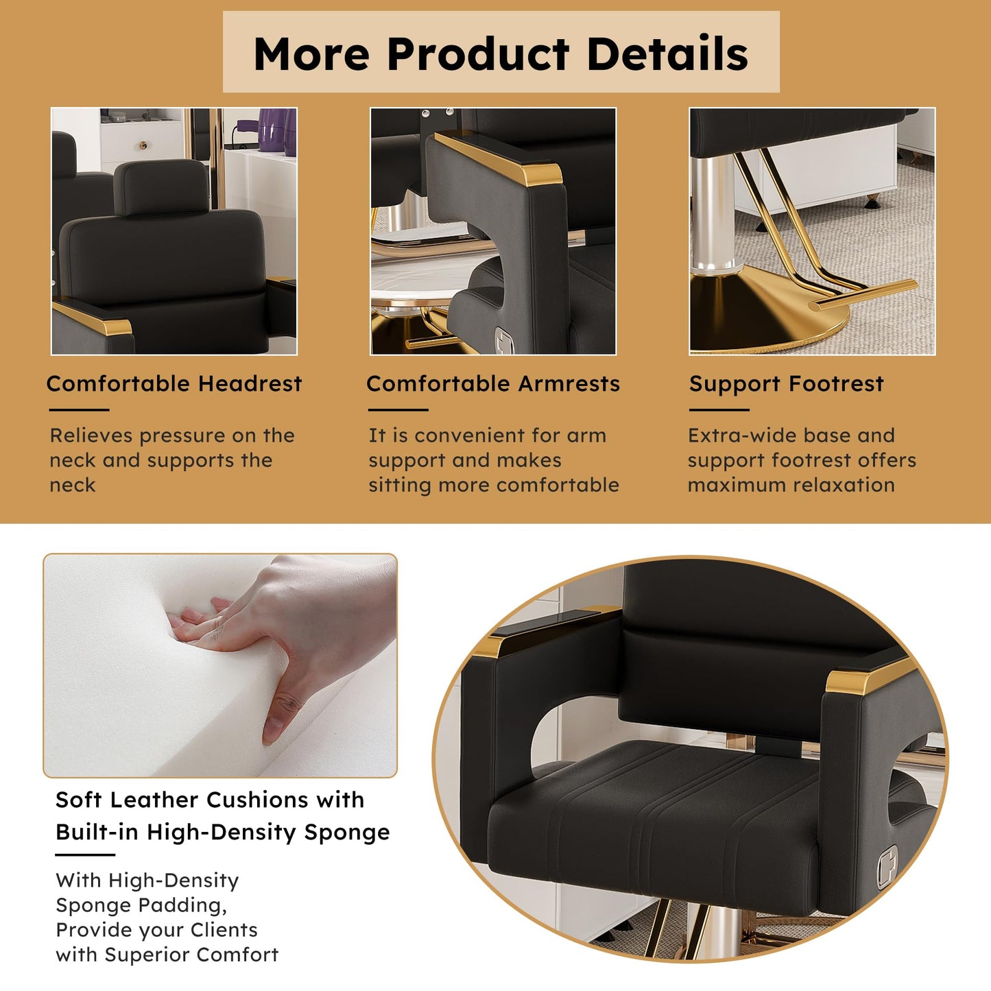 KEIKI Luxury Hydraulic Barber Chair, 160° Reclining Salon Chair w/Adjustable Height & 360° Swivel, Heavy Duty Styling Chair w/Gold Base, PU Leather Cushioned Barber Chair for Salon Spa, Black Gold