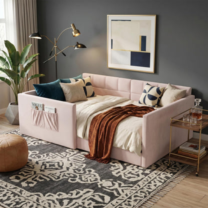 Merax Full Daybed Velvet Upholstered Sofa Bed with High Guardrail and Side Entrance, Space-Saving Full Floor Day Bed with Storage Pockets for Guest Room Apartment, Easy Assembly, Noise-Free, Pink