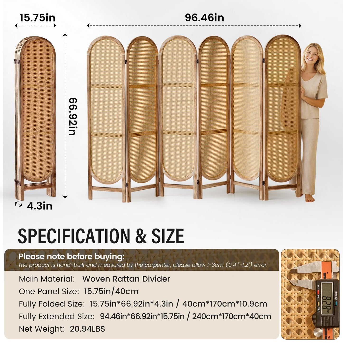 Aletheiawu Arched Rattan Room Divider 5.6 Ft Folding Privacy Screen, 6 Panel Freestanding Room Partition with Double Hinges, Lightweight Paulownia Wood Divider for Bedroom, Restaurant, Office, Natural