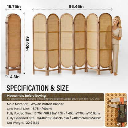 Aletheiawu Arched Rattan Room Divider 5.6 Ft Folding Privacy Screen, 6 Panel Freestanding Room Partition with Double Hinges, Lightweight Paulownia Wood Divider for Bedroom, Restaurant, Office, Natural
