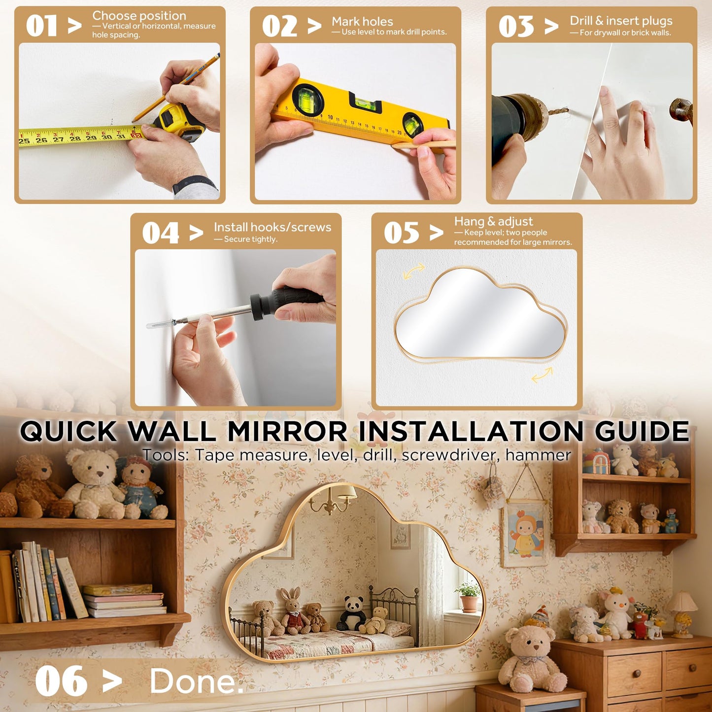 Fahomiss Decorative Cloud Wall Mirror with Frame for Kids' Room, Living Room, Hallway, Entryway