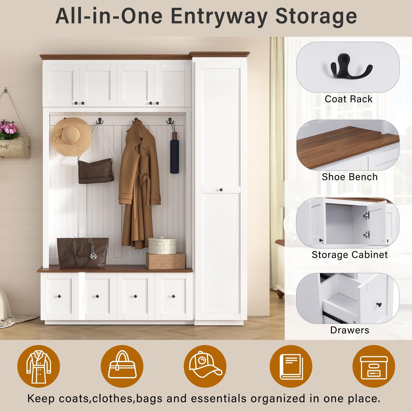 Merax 78.7''H Hall Tree with Storage Bench, Modern Entryway Bench with Coat Rack, 5-in-1 Hall Tree with Cabinets, Drawers & Hooks for Hallway, Entryway, Living Room, Mudroom, White