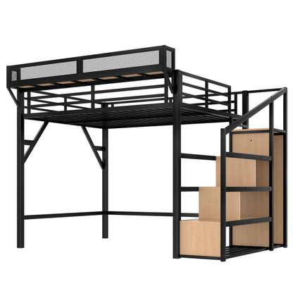 KEIKI Queen Loft Bed with Storage Stairs for Adults，Heavy Duty Bunk Beds with Shelves, Wardrobe, Metal Bedframe with USB Ports for Bedroom, Natural