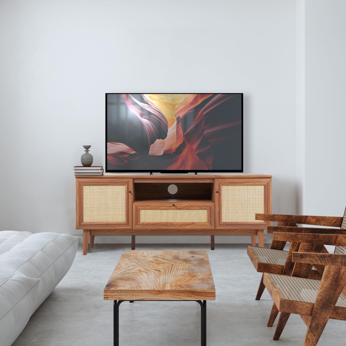 JONATHAN Y Finley 59" Mid-Century Walnut Rattan TV Stand for TVs up to 65 Inch, Wood Media Console with Woven Cane Soft-Close Doors and Drawer, Bohemian Entertainment Center for Living Room TVS1002B