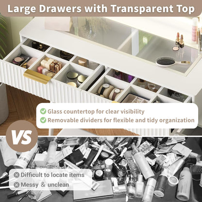 GarveeHome Fluted Vanity Desk with Mirror and Lights, 48" Large Makeup Vanity with Glass Top, 3 Modes LED Lighting with Adjustable Brightness, Dressing Table with Charging Station and Stool, White