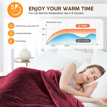HYLEORY Heated Electric Blanket Throw, 2-Layer Cozy Warm Flannel 50" x 60", Heating Blanket with 9 Heating Levels, 2/4/6/10 Hours Auto Off, Fast Heating Winter Blanket, Dark Grey