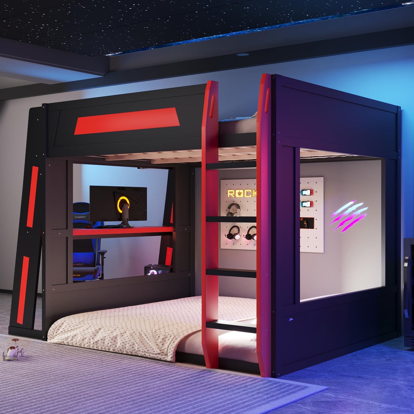 Merax Queen Over Queen Wooden Gaming Bunk Bed with Built-in Desk, LED Lights, USB Port, and 2 Storage Shelves, Solid Wood Gaming Loft Bed for for Bedroom, Black+Red