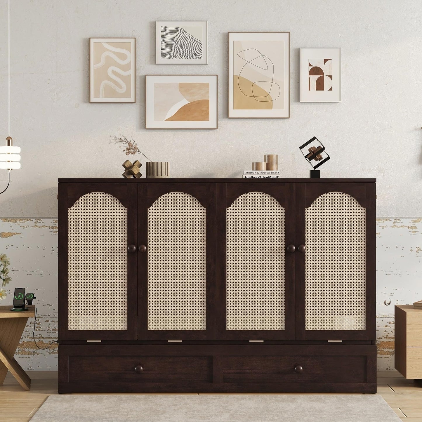 KEIKI Queen Murphy Bed w/Rattan Doors & Drawers, Space-Saving Foldable Wall Bed w/USB, Foldable Hidden Bed, Farmhouse Boho Style Guest & Living Room Bed, Espresso
